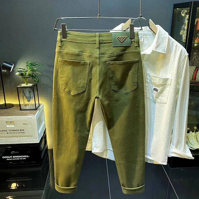 Mænds high-end retro grønne jeans 2024 nye efterår og vinter slim fit skinny stretch afslappet denim lette luksus lange bukser