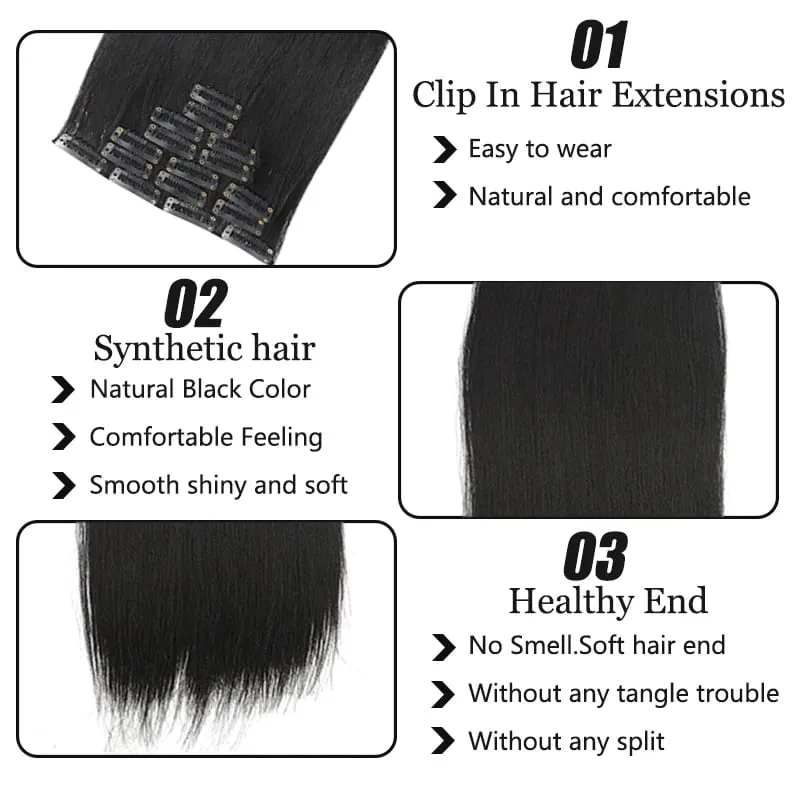 Synthetic 7-piece set with 16 card synthetic straight hair extensions suitable for women's daily party use