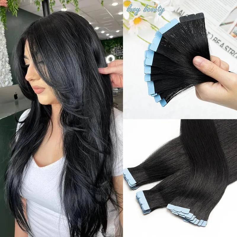 Blonde Mini-Tape-in-Haarverlängerungen, Echthaar, natürlich, glatt, schwarz, braun, doppelseitig, nahtlos, PU-Hautschuss-Tape-Ins, 10 Stück