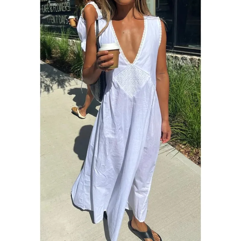 Combhasaki Women Summer Y2K Mini Tank Dress Sleeveless Lace Trim Deep V Neck Trendy Floral Eyelet Beach Loose Fit Short Sundress