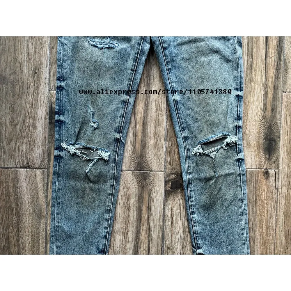 Men's High Street American School Boys Vintage Distressed Blue Stretch Skinny & Slim Fit Ripped Jeans