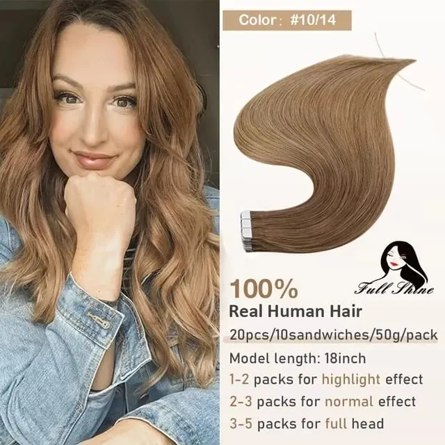 Full Shine Tape in Hair Extensions 20Pcs Skin Weft Remy Straight Hair Glue on Brazilian Hair for Women
