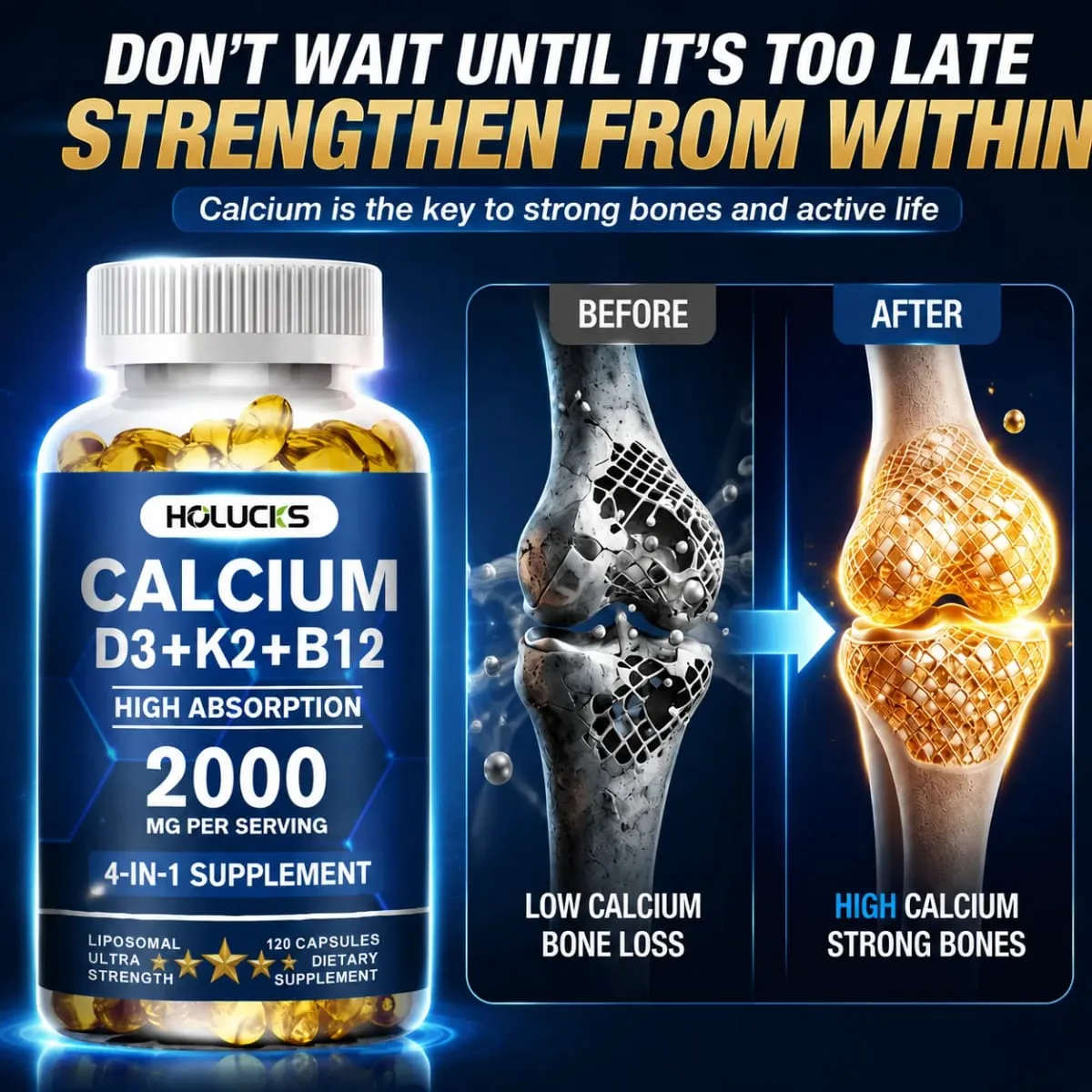 Calcium Supplements with Vitamin D3 K2 Support Bone Muscle TeethHealth Replenish Joints Calcium Absorption