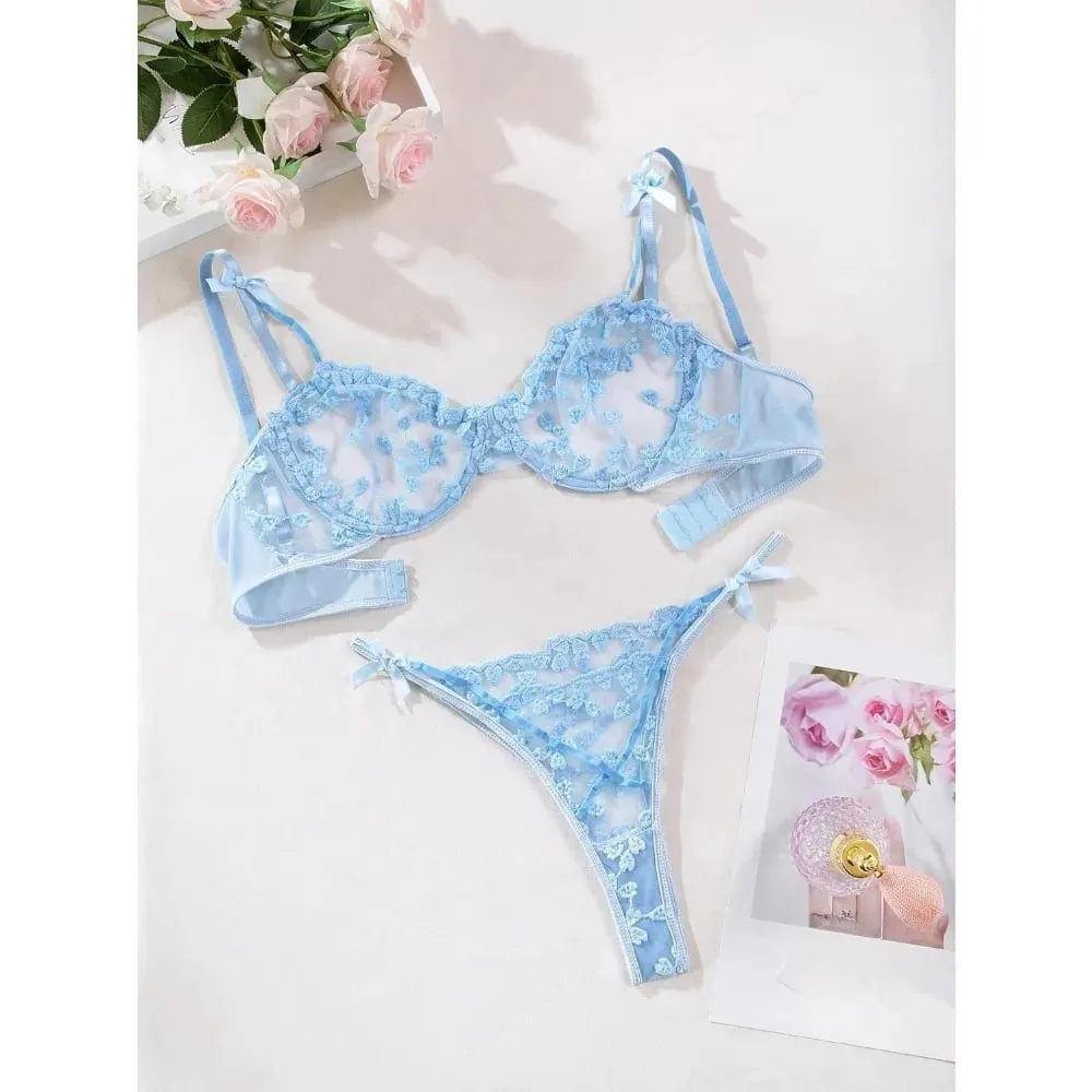 Women's Underwire Push-Up Sheer Lingerie Set – Strappy Embroidered Mesh Bra & Panty