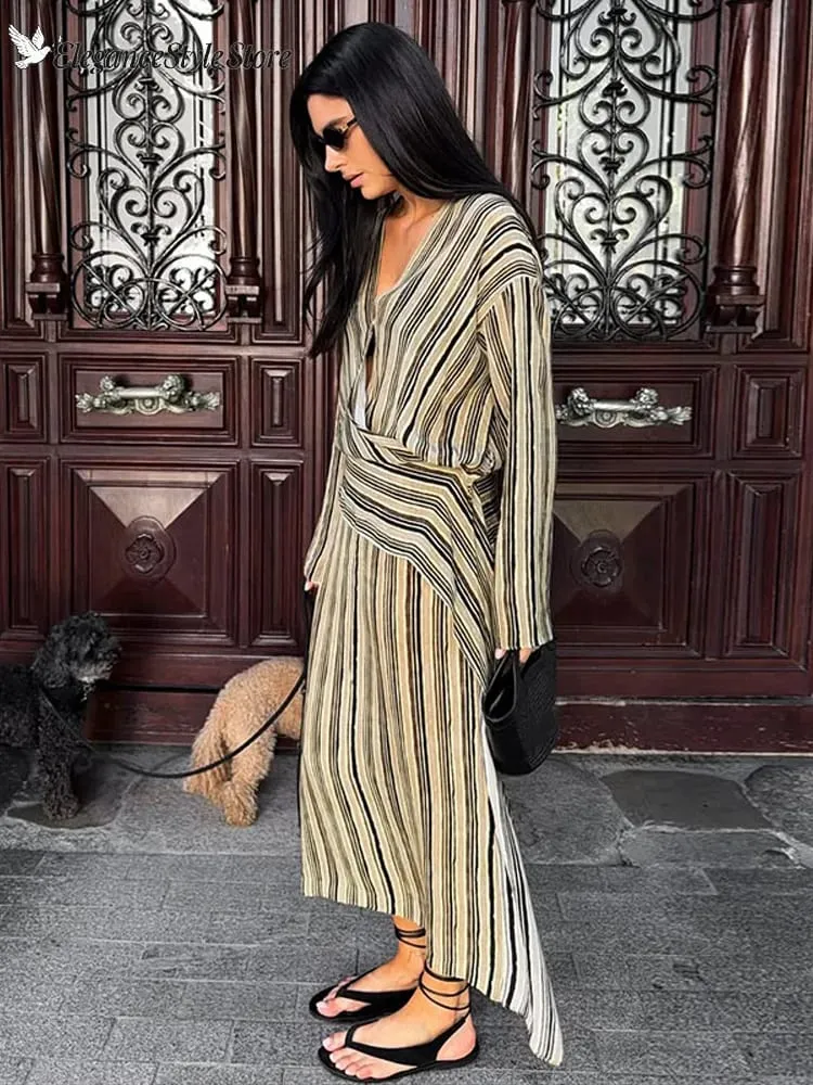 Casual Stripe Maxi Dresses Women Loose Full Sleeves Deep V-neck Ankle-length Dress 2026 New Ladies Summer Vacation Beach Outfit