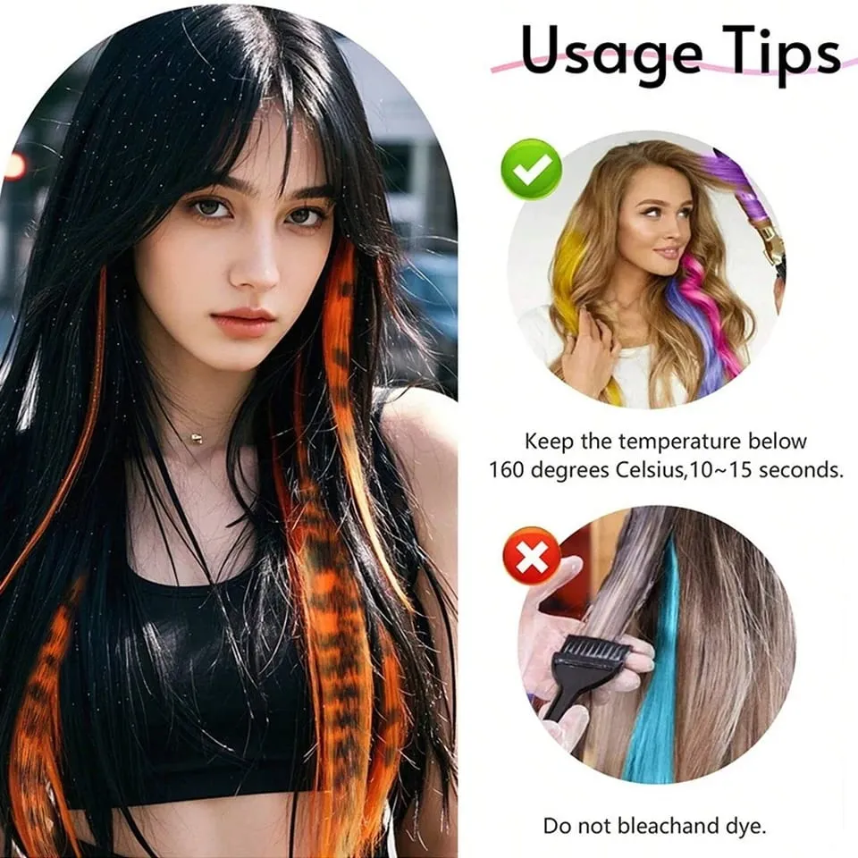 Long Straight Colorful Striped Feather Hairpieces Synthetic Y2K Green Orange Clip in Leopard Print Hair Piece Cosplay Party — image 6