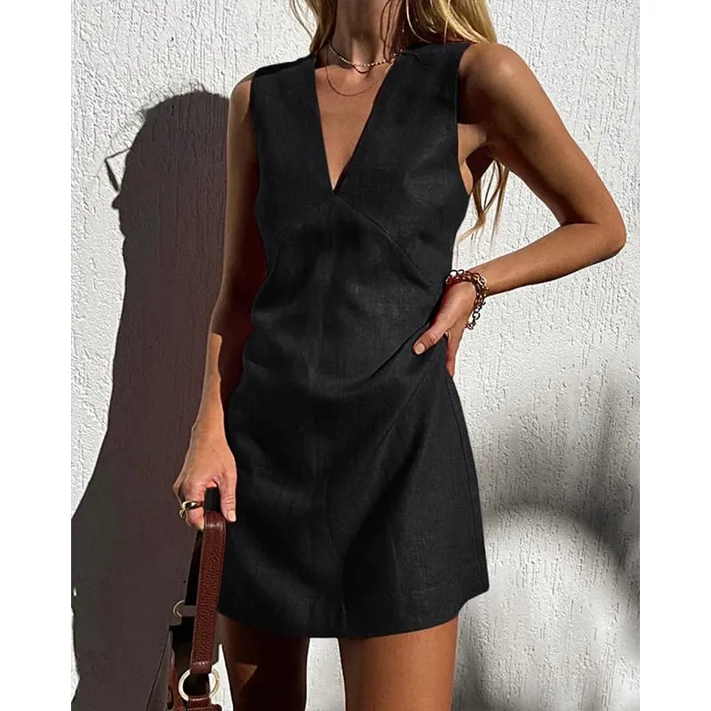 Abiti da donna in lino di cotone Abito sexy con scollo a V senza maniche dal carro armato di base Abiti eleganti eleganti da donna Saldi estivi Abiti Para Mujer