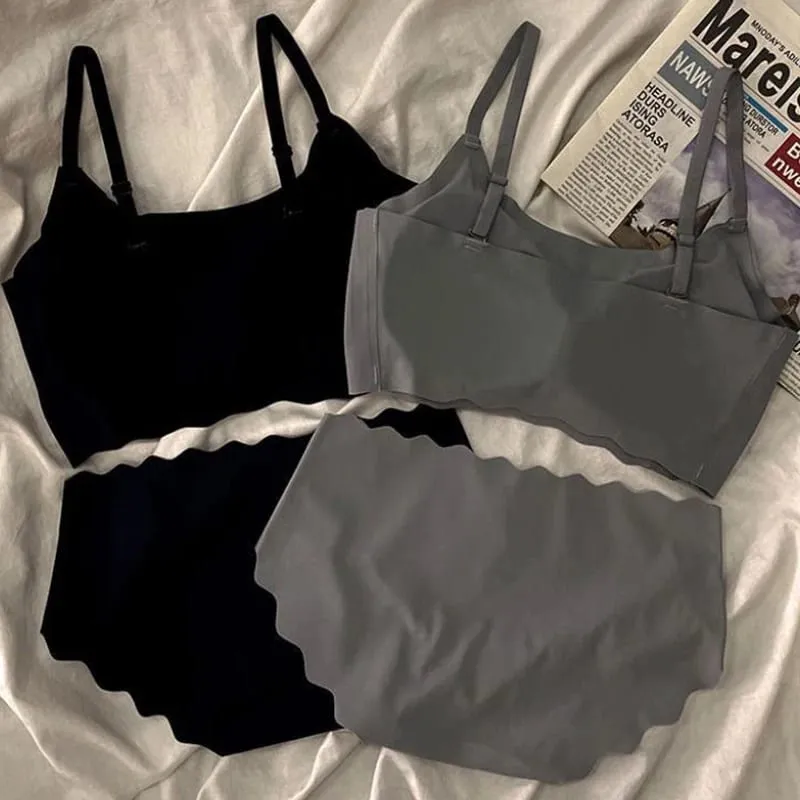 Seamless Scalloped Edge Bra And Panty Set For Women Skin-friendly Wireless Comfortable Lingerie Set Detachable Underwear Coaster