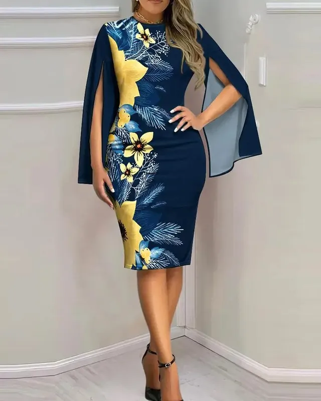 Women's Sunflower Print Midi Dress - Sexy V-Neck Bodycon Dress with Cape Sleeves for Summer Party
