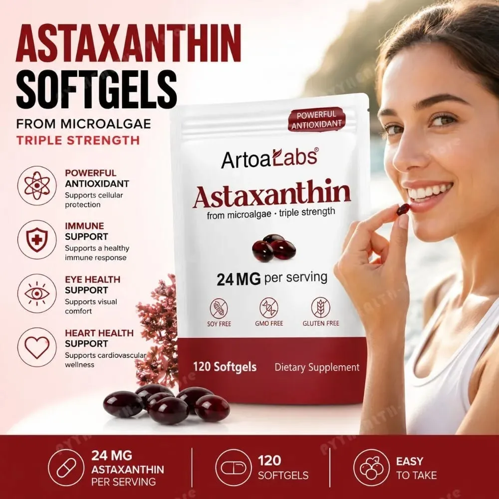 Astaxantina Softgels 24mg Tripla Força Poderoso Antioxidante Suporte à Saúde dos Olhos Microalgas Sem Soja Sem Glúten 120 Contagens