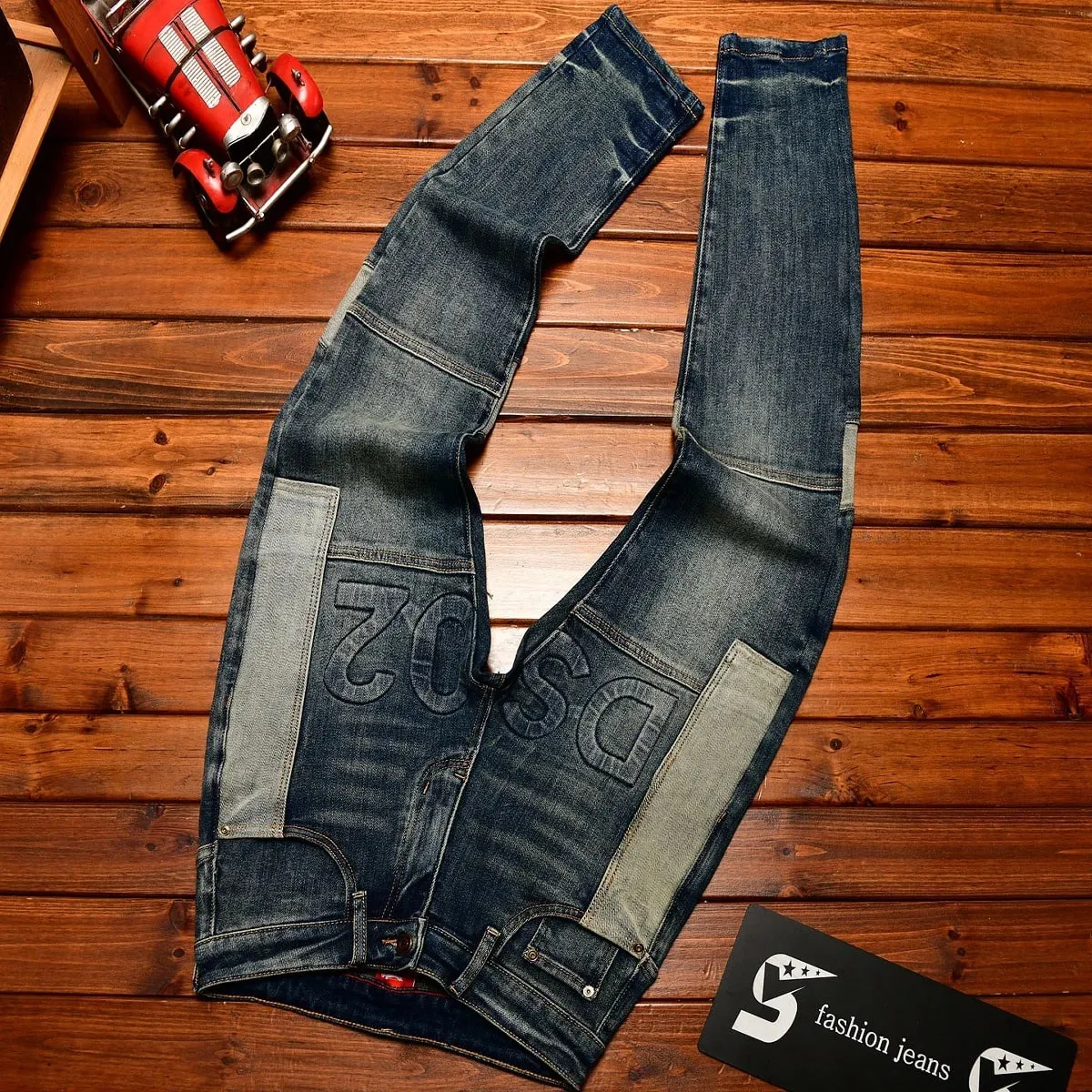 Fashionable high-end jeans for men slim fit small feet washed retro patchwork design trendy and luxurious men's pants