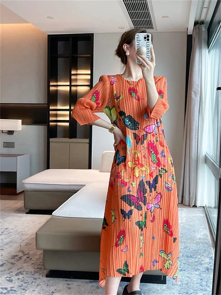 Miyake長洋裝百褶晚禮服印花女夏季百褶百搭時尚輕奢優雅名媛風洋裝