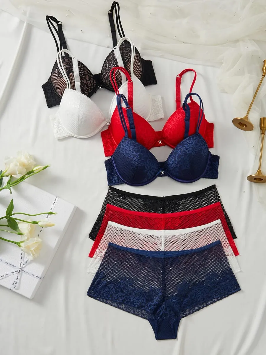 4 PCS Women's Underwear Set Sexy Floral Lace Push Up Bra Sheer Breathable Panties Stylish Comfortable Sexy Lingerie