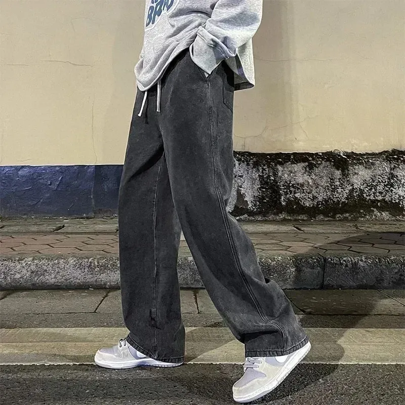 2025 New Korean Men's Casual Long Jeans Classic Man Straight Denim Wide-leg Pants Solid Color Light Blue Grey Black