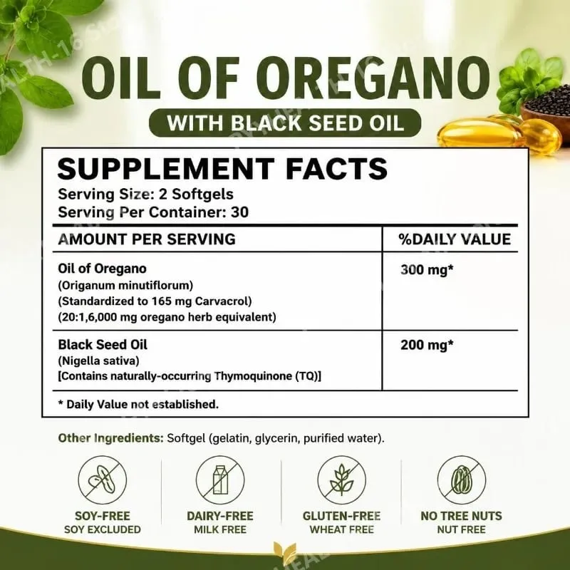 Oil of Oregano Softgels 6000mg with Black Seed Oil for Immune System & Digestive Support Soy-Free Gluten-Free 60 Softgels
