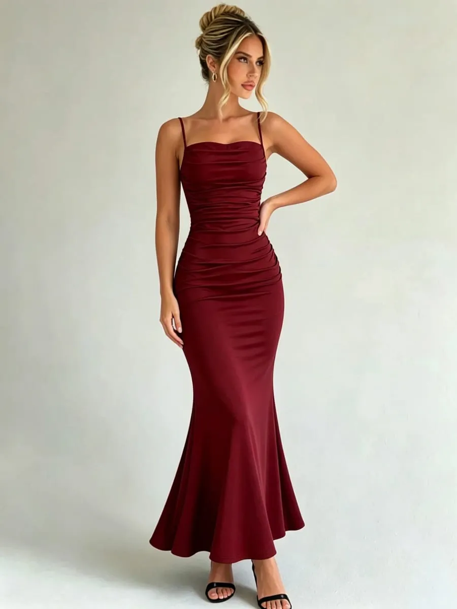 Women Spaghetti Strap Ruched Mermaid Maxi Dress Square Neck Bodycon Elegant Evening Party Long Dress