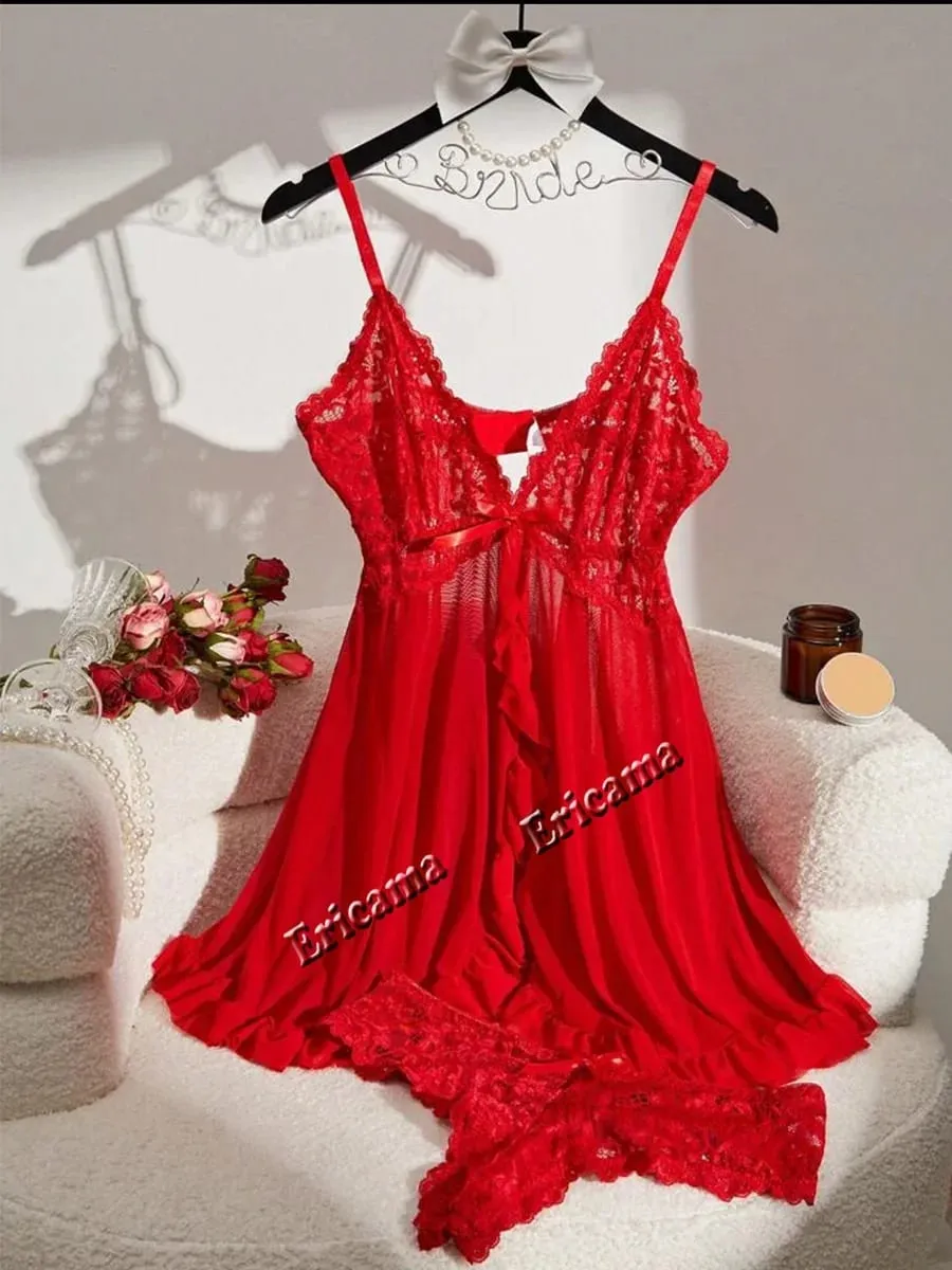 Women Sexy Lingerie Set Lace Bra Nightdress Solid Color Slim Fit Soft Sleepwear Erotic Underwear Dress