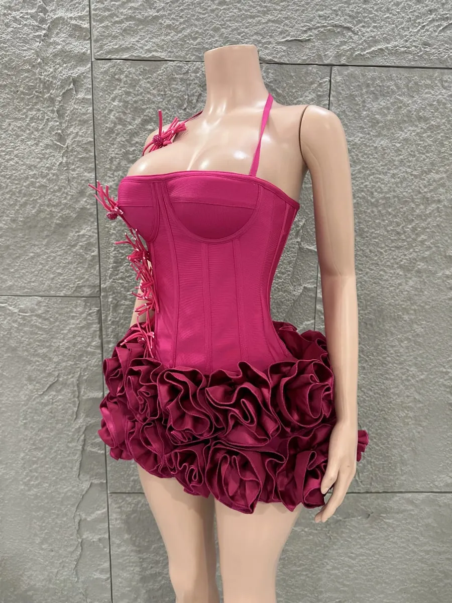 White Red Rose Color Women Sexy Strapless Full Florla Bodycon Mini Bandage Dress 2 Pieces Set Celebrate Nightclub Party Birthday