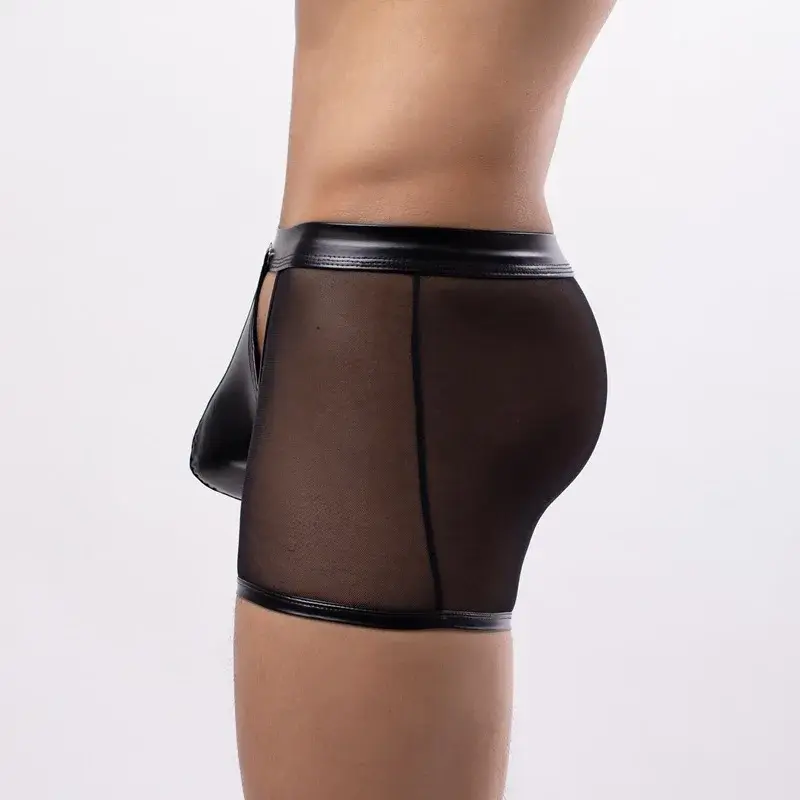 Herren Boxershorts Transparent Mesh Unterwäsche Mann Höschen Kunstleder Abnehmbare Schnalle Beutel Unterhose Cueca Calzoncillo