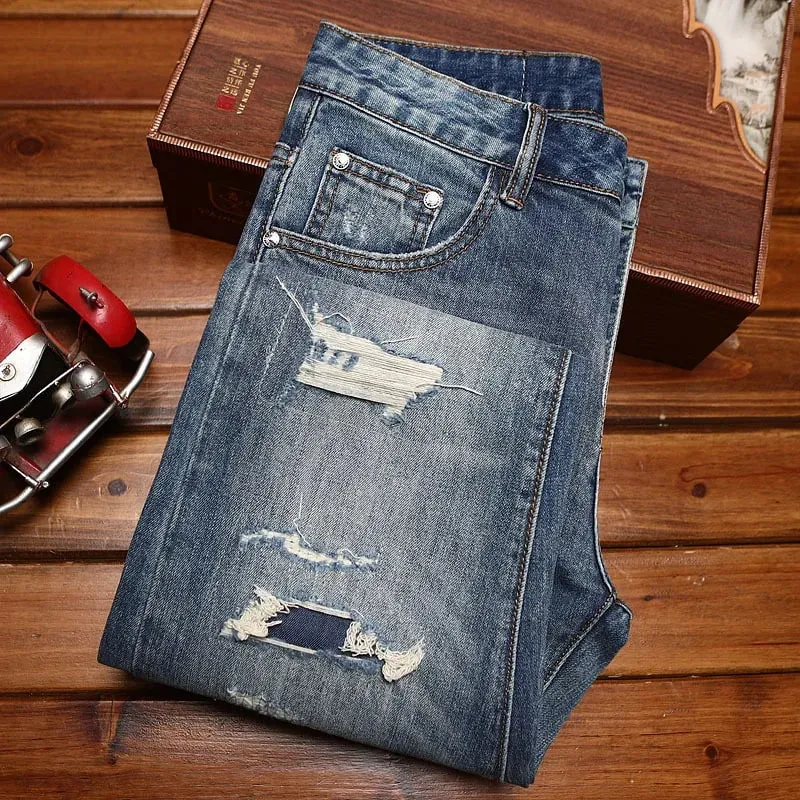 Fake ripped applique American vintage vintage jeans men's youth heavy straight leg loose conical denim pants trend