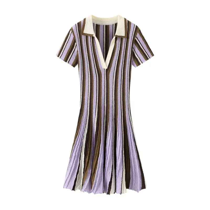 Short Sleeve Polo Collar Knitted Striped Mini Dress V Neck Waist Cinching Flared A Line Casual Summer Vacation Women Dresses