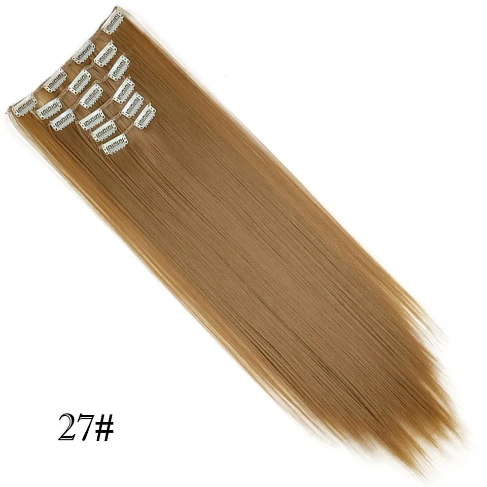 6Pcs/Set Clip In Hair Extension Synthetic Highlights Blonde Long Straight Hairpiece Full Head Thick Hairpieces for Women Girls