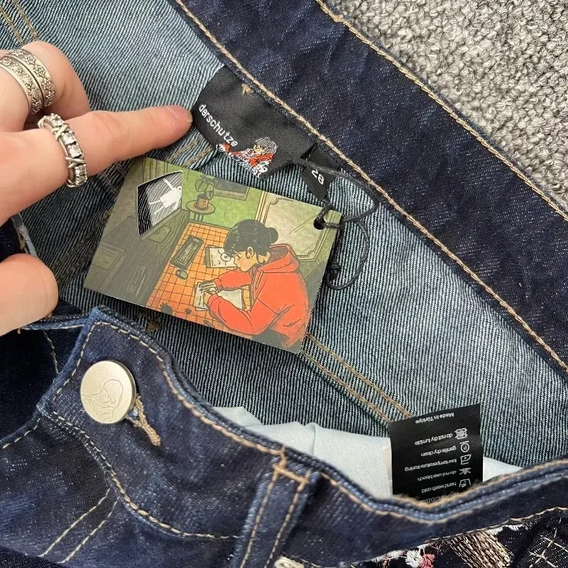 Nặng Thêu Hoa Derschutze Quần Jean Nam Nam Nữ 1:1 Chất Lượng Tốt Nhất Vintage Derschutze Nữ Chân Thẳng Quần Denim
