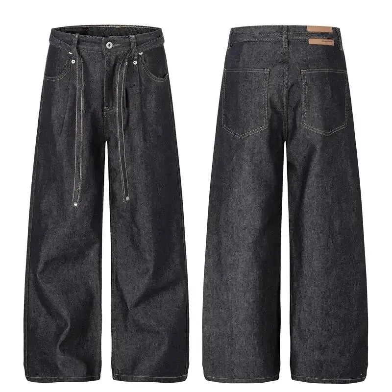 American-style Distressed Washed Jeans Visible Stitching Belt Unisex Loose-fitting Wide-leg Straight-leg Denim Pants 9X3768