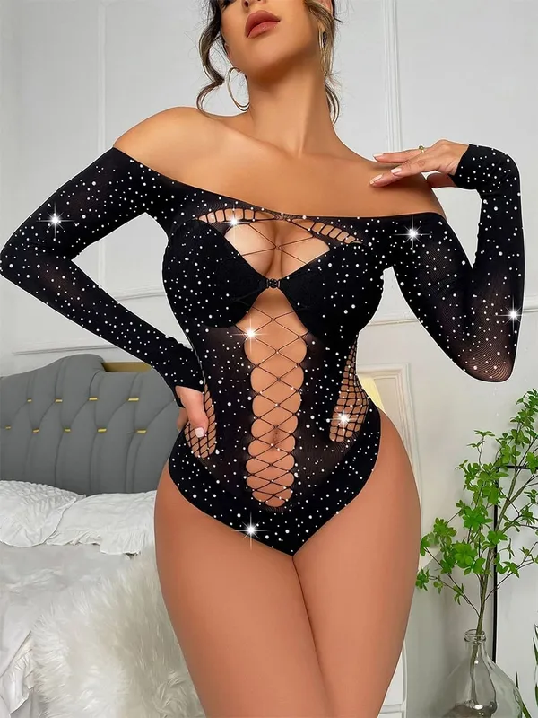 Letní jednodílné body Dámské Sexy síťované spodní prádlo s dutým tělem Bez ramen Lesklé kamínky Teddy body s dlouhým rukávem