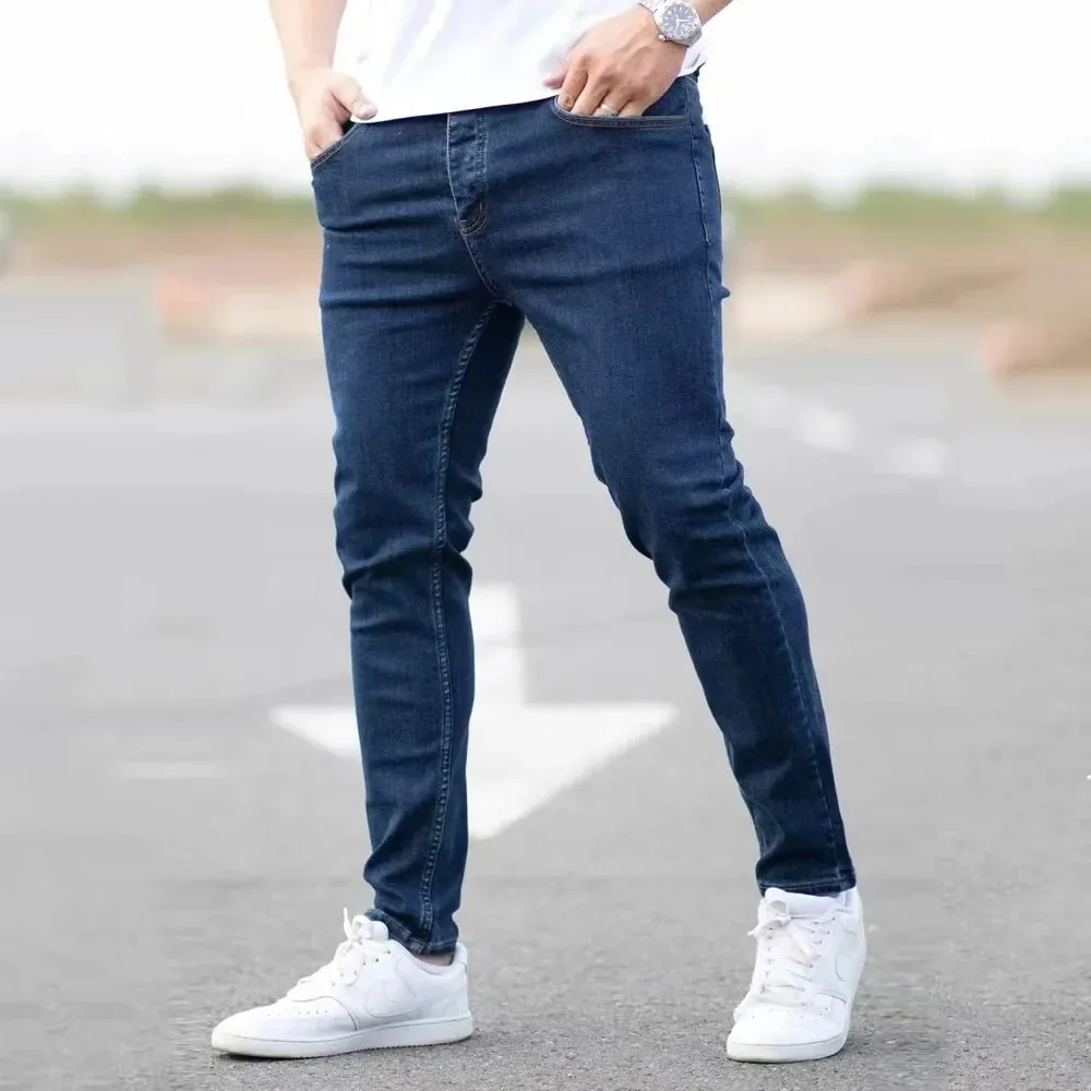 Jarní Pánské Černé Modré Kalhoty Pure Color Streč Džíny Street Ležérní Slim Fit Kalhoty Pánské Vintage Wash Skinny Jeans pro muže