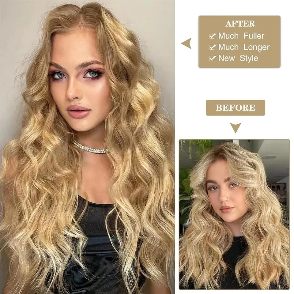 4 PCS Water Wave Clip In Hair Extensions Ombre Blonde Synthetic Natural Hairpieces For Women Lightweight All Day Wear