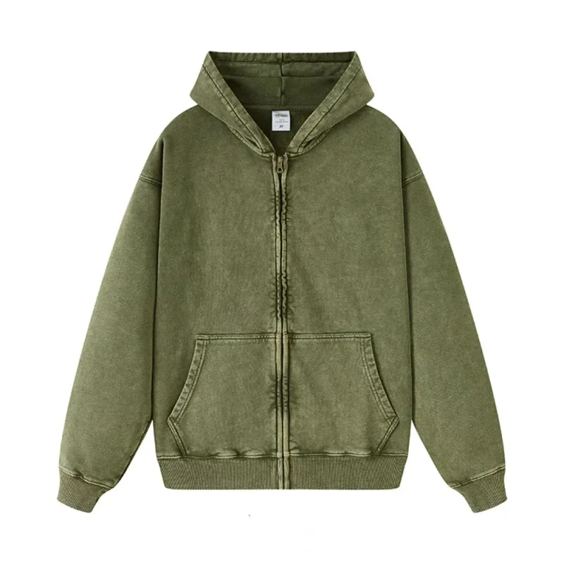 Retro Autumn Batik Washed Zipper Hoodie For Men Unisex Oversized Distressed 420gsm Terry 100% Cotton Hooded Coats HY0936