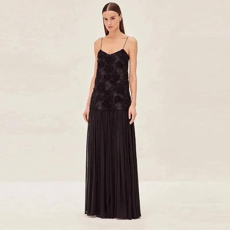 Elegant 3D Flower Long Dress For Women Fashion Patchwork Pleated Sling Party Dresses Female 2025 New Backless Maxi Evening Robes