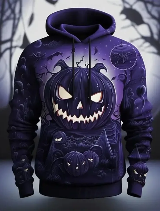 Halloween Purple Pumpkin hoodie pullover 3d tryckmönster par män kvinnor halloween karneval kostym fest avslappnad varje dag