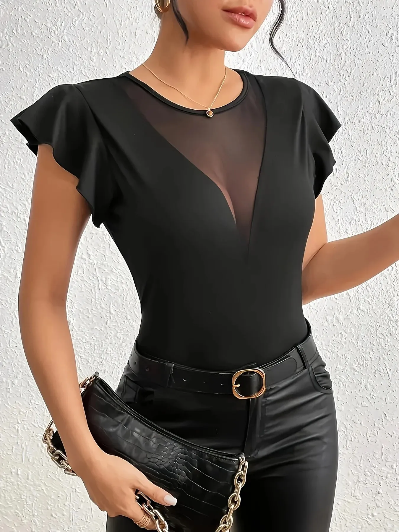 Sexy Deep V Sheer Mesh Patchwork Flutter Sleeve Slim Fit Bodysuit — image 2