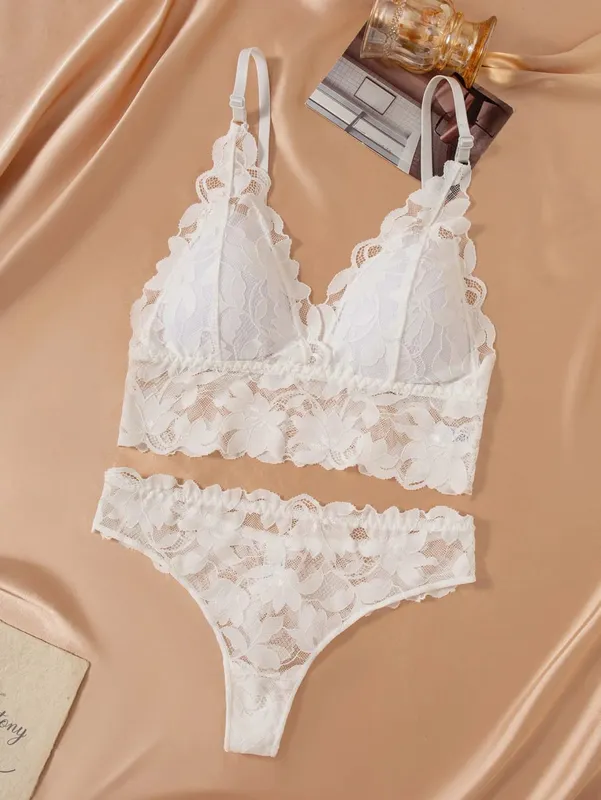 Women's Lace Bra and Panty Set Deep V Scalloped Edge 2 Piece Lingerie 2026