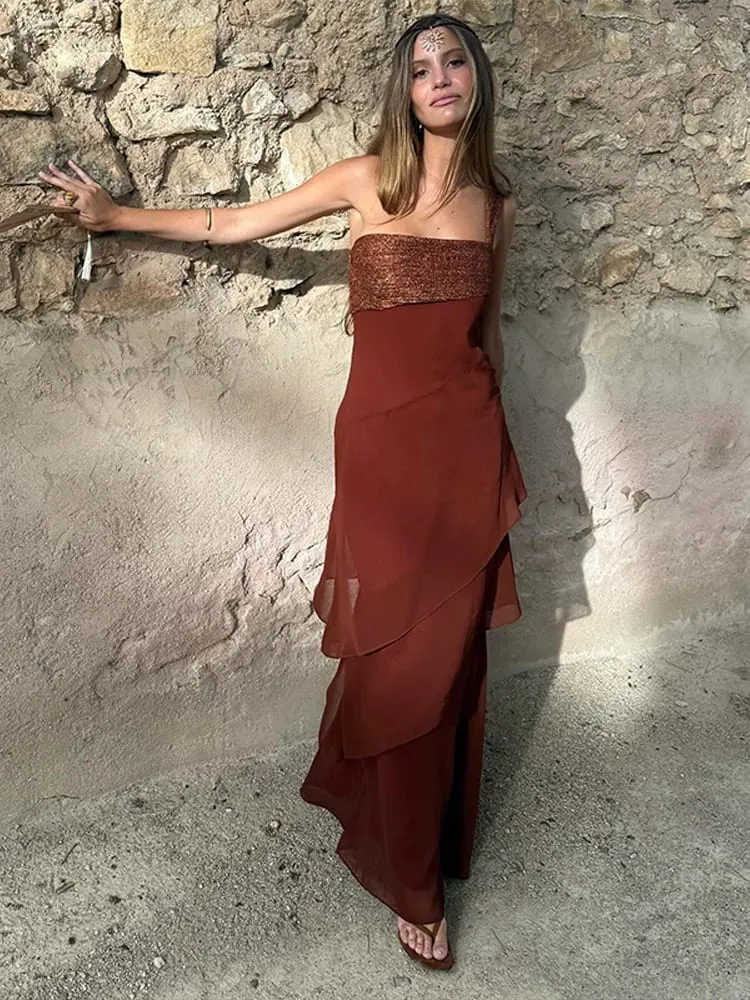 Elegant Patchwork Women's Dress Sleeveless Cascading Ruffle Skew-Collar Lady Long Dresses 2026 Summer Chic Female Vacation Robe