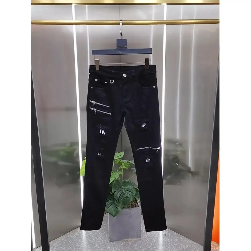 Luxury 2023 Men's High Street Korean Black Jeans with Zipper Distressed Hole Designer Youth Trend Slim-Fit Black Cotton Trousers