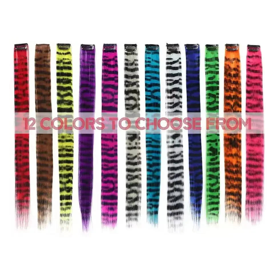 10pcs/set Stripe Printed Hair Colorful Long Straight Hair Pieces Synthetic Clip-in Hair Extensions for Daily Use Party Christmas