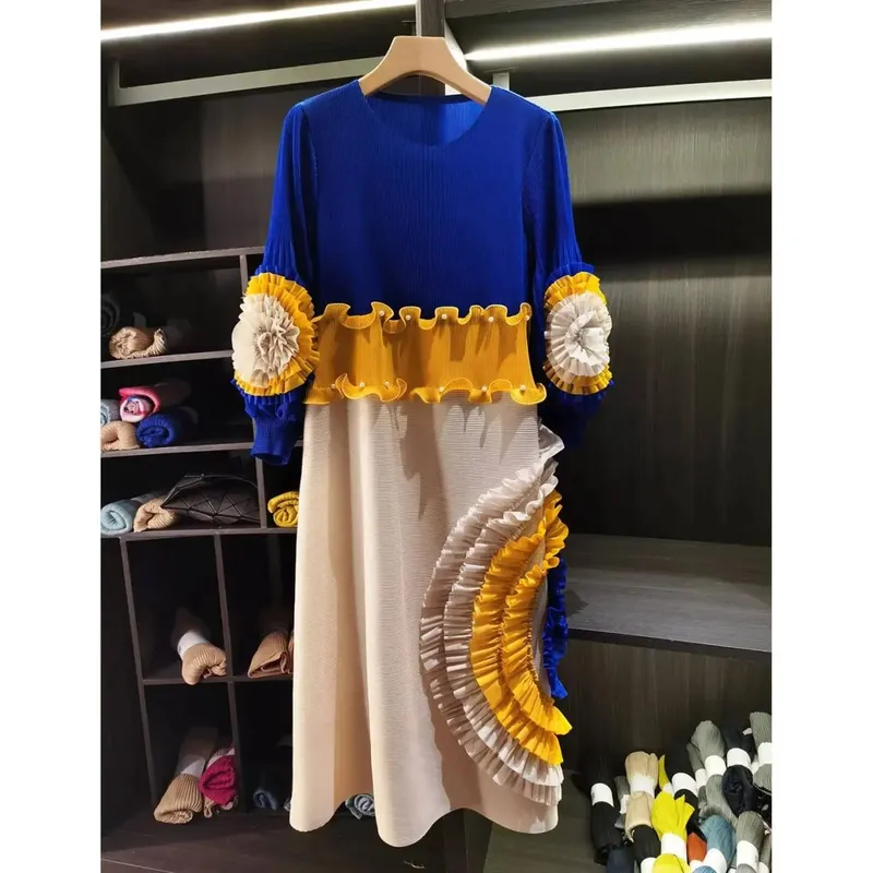 Pleated Tie Flower Long Sleeve Women's Dress Chic New Loose Colorblock Patchwork Design Beading Famale Clothing 2DB6651