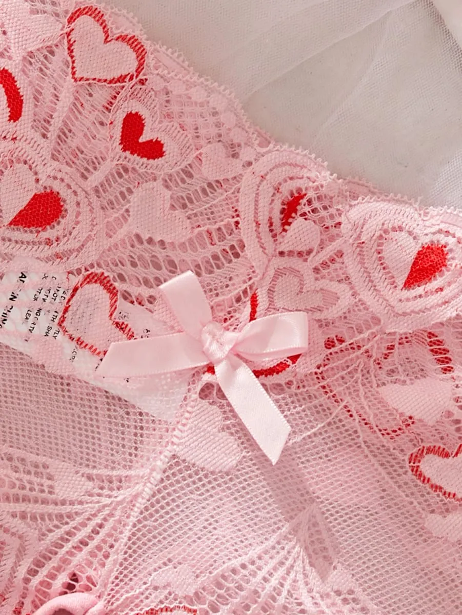 Sexy Strap Lingerie Set Women Bra And Panty Lace Heart Print Hollow Out Open Crotch Bras Panties Intimate Wear Clothing