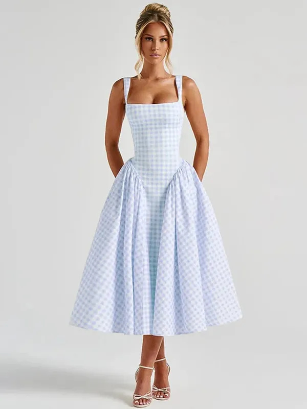 Plaid Printed Spaghetti Strap Sexy A-line Dress Women 2026 Elegant Summer Dress Backless Party Midi Dress Vestidos