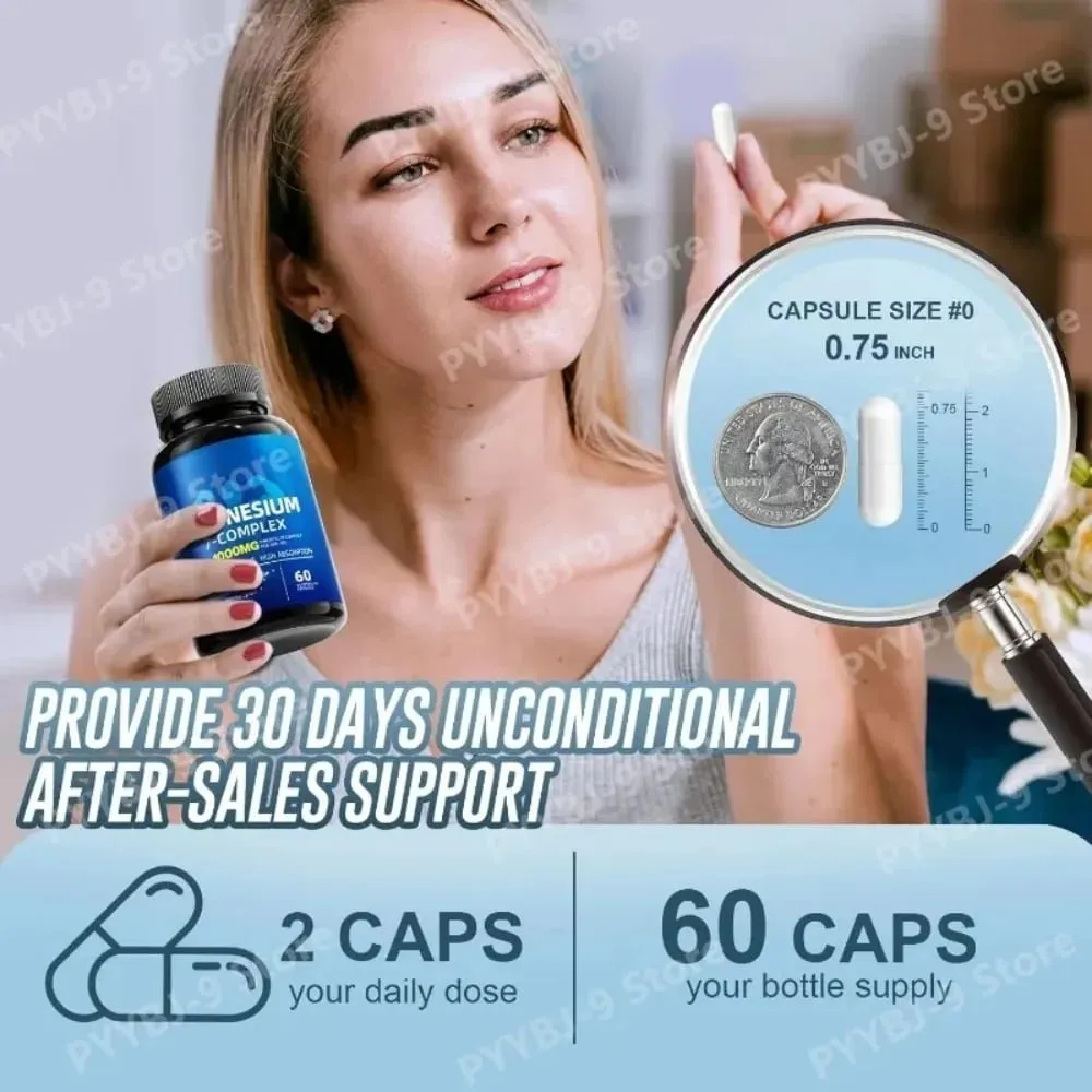Magnesium 7-Complex Capsules 1000mg with B6 D3 Zinc High Absorption Vegan Formula for Muscle Nerve Bone Heart Support 60 Count