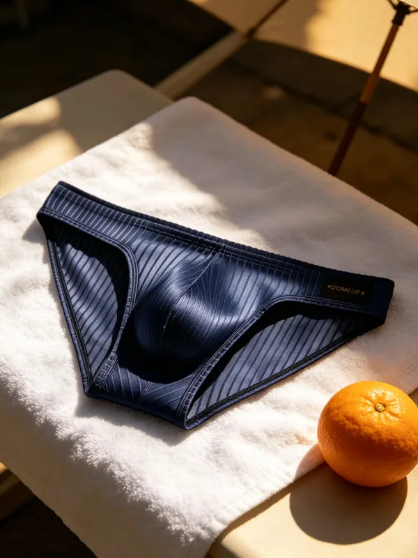 Mens Briefs Vertical Stripe Shiny Fabric U Convex Pouch Low Waist Elastic Waistband Breathable Male Underwear DP922