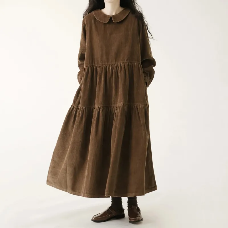 Autumn Winter Corduroy Dress Women Casual Dresses Fashion Female Vestidos Long Sleeve Vintage A-line Dress Women's Dresses