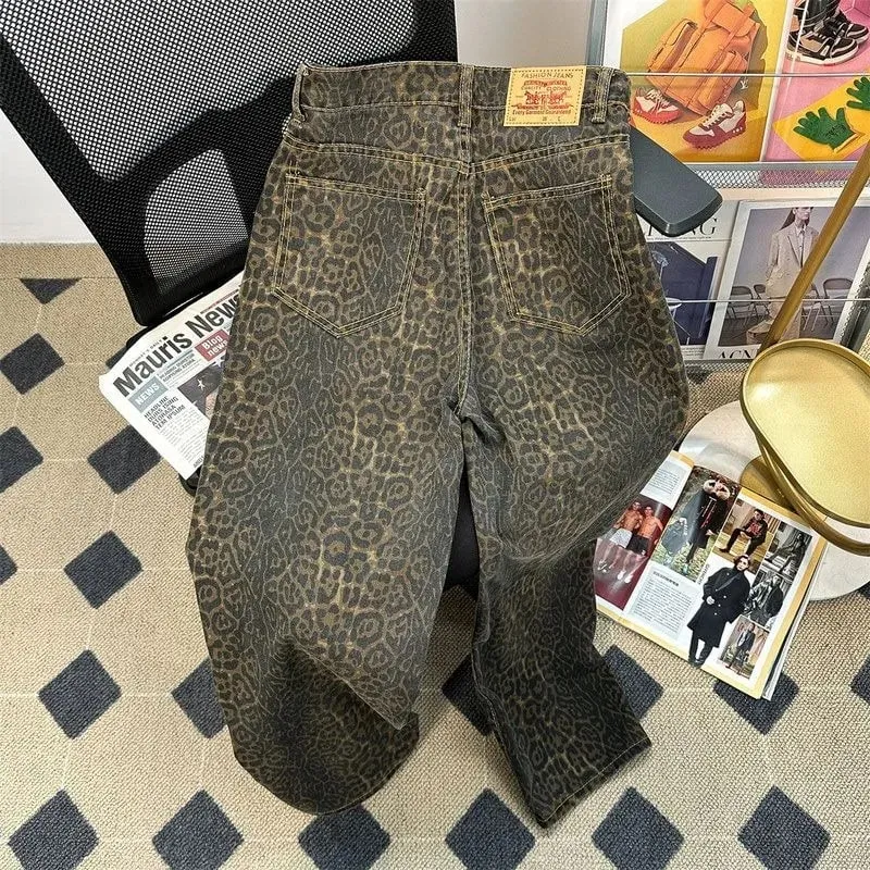 American Vintage High Street Men's Leopard Casual Trendy Loose Wide Leg Straight Denim Trousers Male Simple Basic Jeans Pants