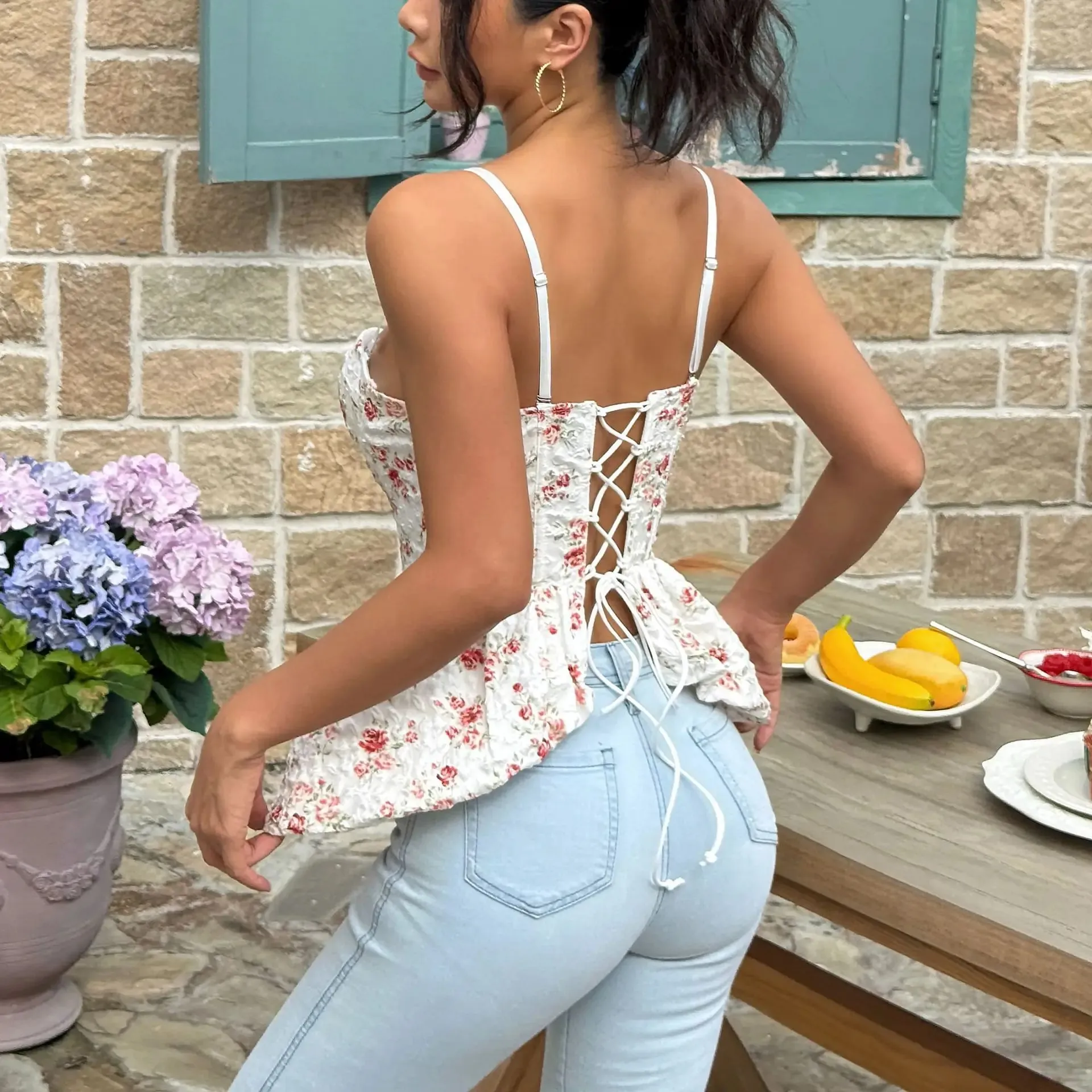 French Style Print Hotsweet Corset Top Women Strap Sleeveless Shapewear Bohe Camis Strapless Floral Holiday Beach Top