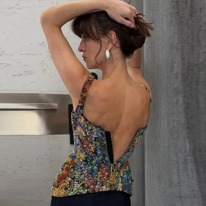 Elegant and Sexy Retro Printed Camisole Tight Corset Women's Backless Zipper Sleeveless Slim Fit High Street Party Vacation Top