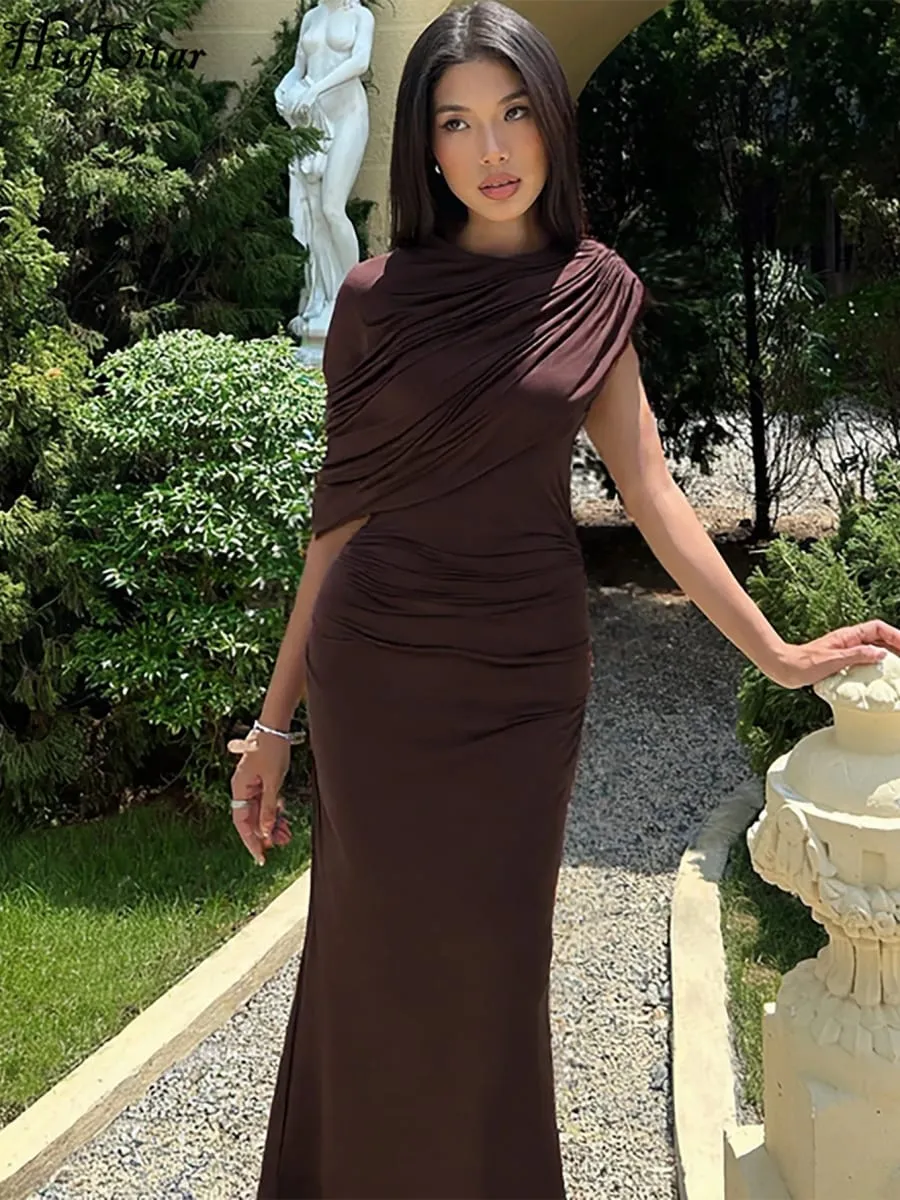 Hugcitar Women Fashion Turleneck Solid Short Sleeve Irregular Sexy Ruched Maxi Prom Dress Summer Clothes Evening Party Birthday