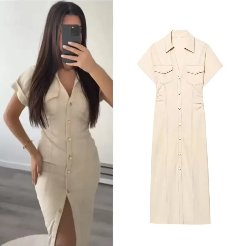 Pakaian MIDI denim siri ETJ 2025 Musim Bunga Baharu 1975 dengan zip sisi lapel fesyen pinggang kedut pakaian elegan langsing
